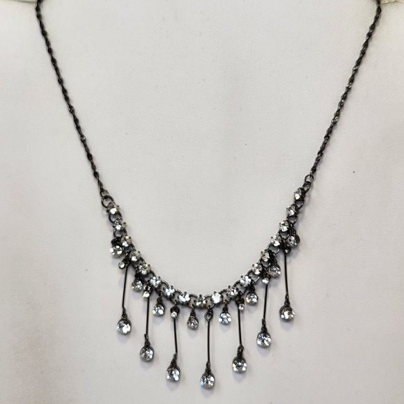 Trifari Gunmetal Gray Clear Dangle Rhinestone Necklace Earring Jewelry Set - Picture 2 of 5